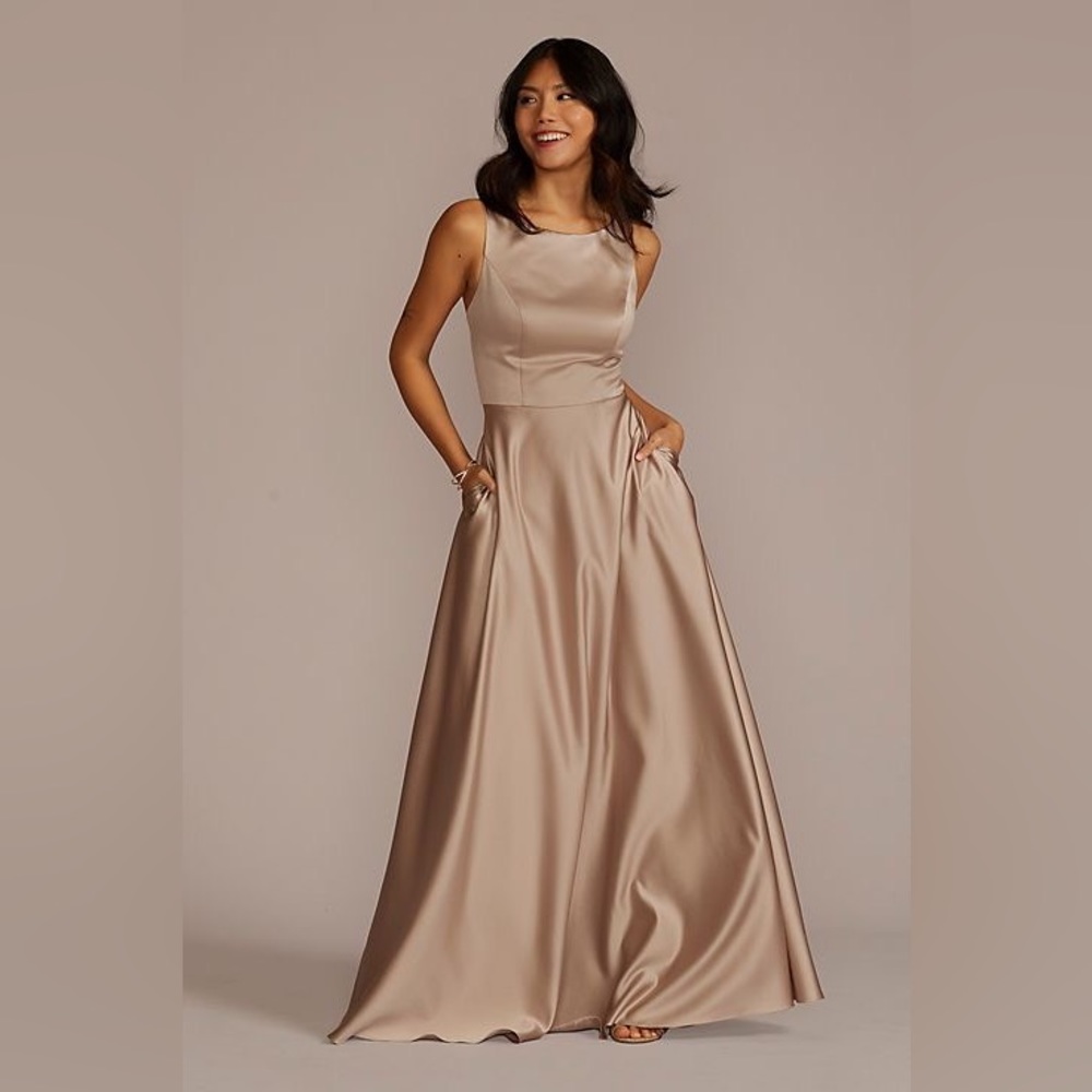 David’s Bridal satin sleeveless boatneck bridesmaid dress, size 4, Biscotti